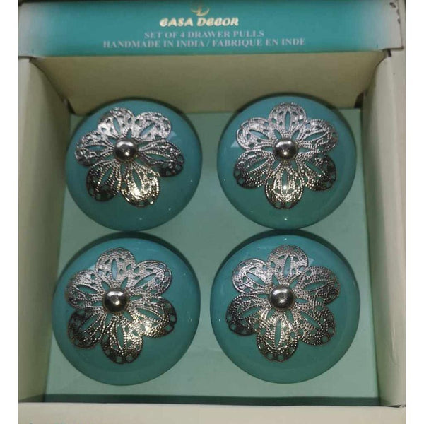 Casa Decor 4 Drawer Pulls Ceramic Knobs Turquoise & Silver