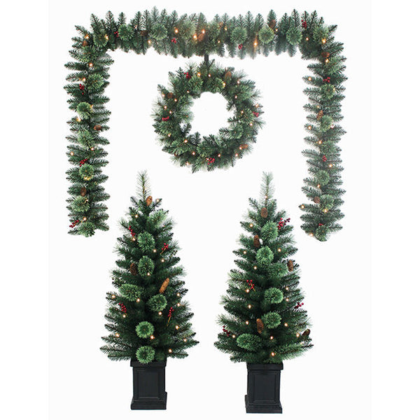 Set of 6 Pre-Lit Christmas Decorations Tree, Garland & Wreath