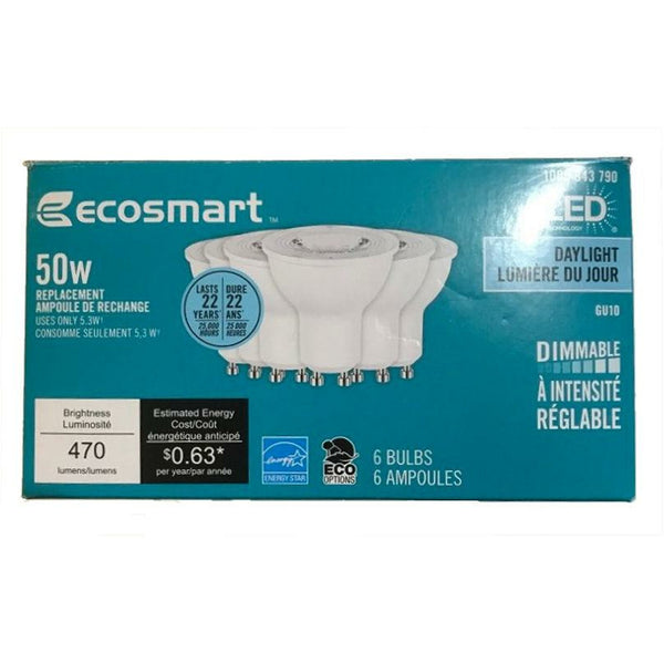 6-Pack Ecosmart 50W Bright White (5000K) GU10 Dimmable LED Light Bulb Daylight-The Liquidation Club