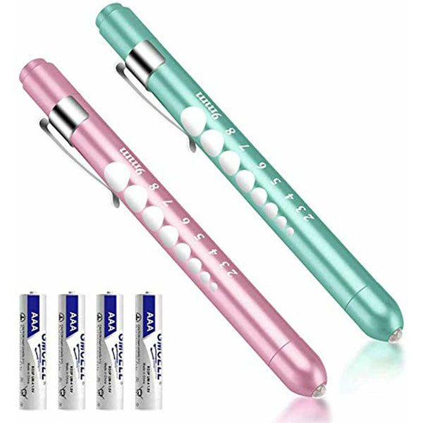 Pack of 2 Reusable Medical Pocket Penlight Flashlight with Pupil Gauge LED Bulb